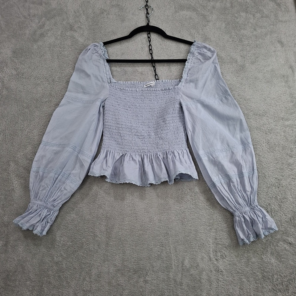 Reformation Light Blue Smocked Peplum Blouse